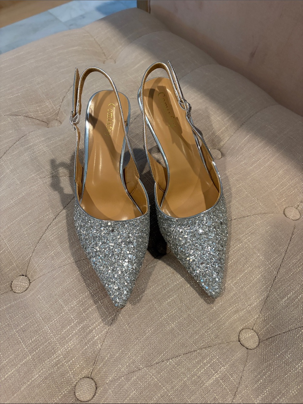 Sparkling Silver Pointed Slingback Heels